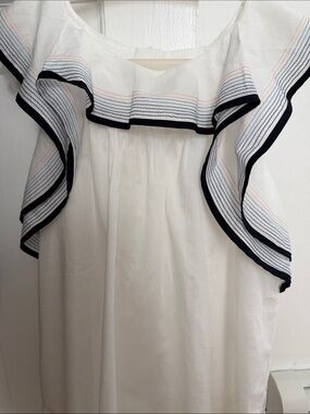 Chloe White Ruffle Dress with Navy and Pink Trim